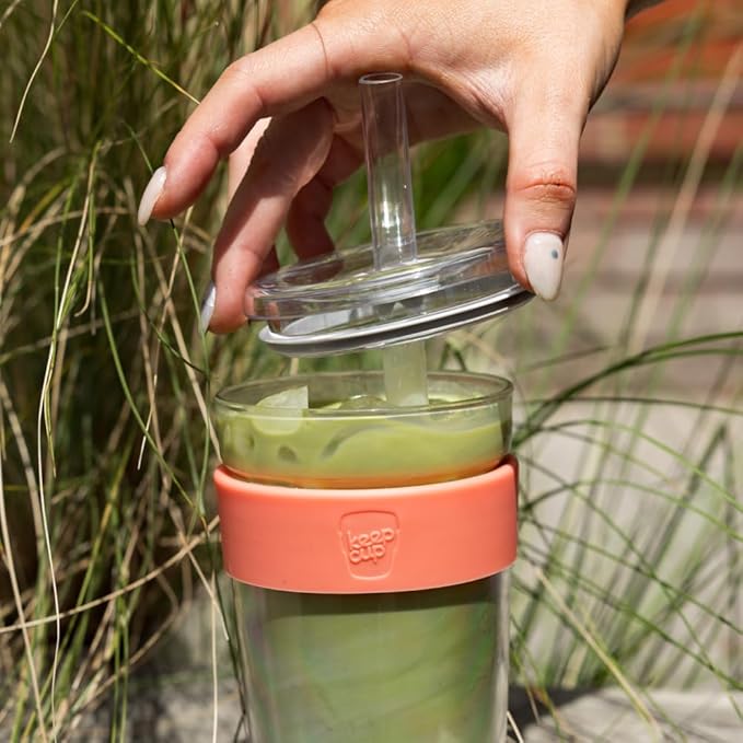 KeepCup Cold Cup - Longplay Double wall Glass Ice Coffee Tumbler with Lid and Straw - 12oz (340ml) - Californian Shrimp