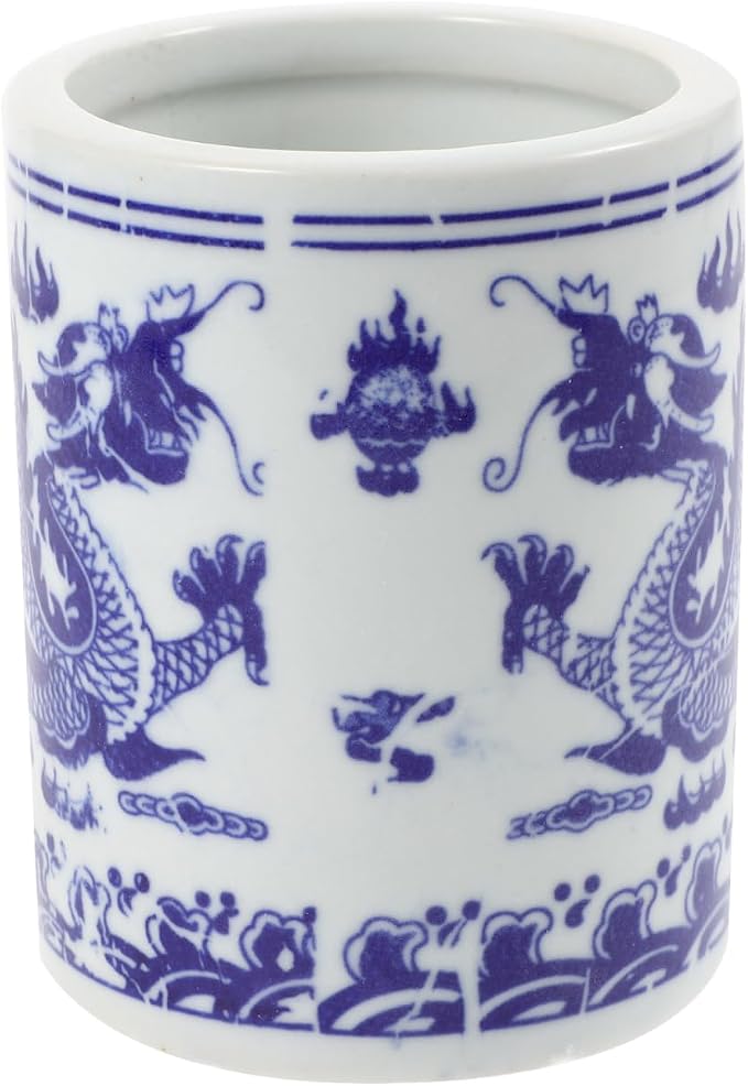 Cabilock Ceramic Utensil Holder with Blue and Design Compact Chopsticks and Spoon Storage Bucket Kitchen Countertop Organizer 4.13 X 3.15 X 3.15 Inches
