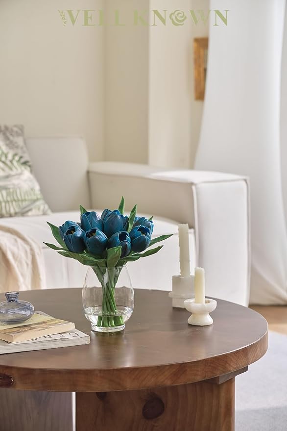 WELL KNOWN 12 Pcs Fake Tulips Artificial Flowers in Vase with Faux Water, Foam Tulip Flower Arrangement with Vase for Home Office Decor, Dining Table Wedding Centerpiece & Mom's Gift (Peacock Blue)