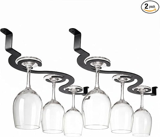 2-Pack Black Under Cabinet Wine Glass Rack – Space-Saving Stemware Holder for Kitchen & Bar, Fits Glasses with Body Diameter Under 4.1 Inches, 15.35 Inch Hanging Wine Glass Holder