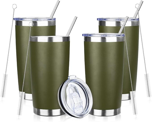 20oz Tumbler with Straw and Brush, Stainless Steel Vacuum Insulated tumbler, Double Wall Insulated Coffee Tumbler for Outdoor, Home, Travel,Office (Army Green,4pcs)