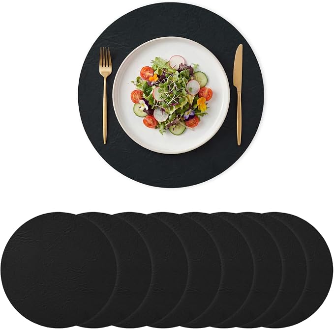 Artoid Mode Black Faux Leather Placemats Set of 8, 15 Inch Waterproof Wipeable Heat Resistant Vinyl Halloween Place Mats, Reversible Table Mats for Kitchen Dining Decor