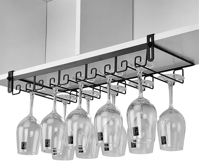 CAKERS Creative Wine Glass Holder|Under Cabinet Iron Art Stemware Rack|Hanging Wine Glass Drying Holder For Kitchen Bar Restaurant,Black,5 Rows