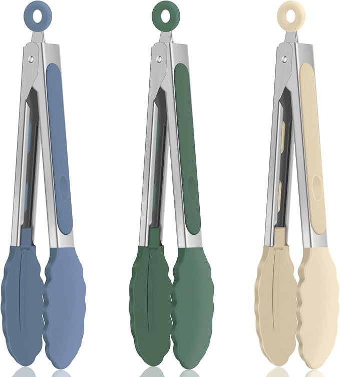 Small Cooking Tongs 7 inch Mini Serving Tongs with Silicone Tips, Set of 3 (Dark Blue + Dark Green + Cream)