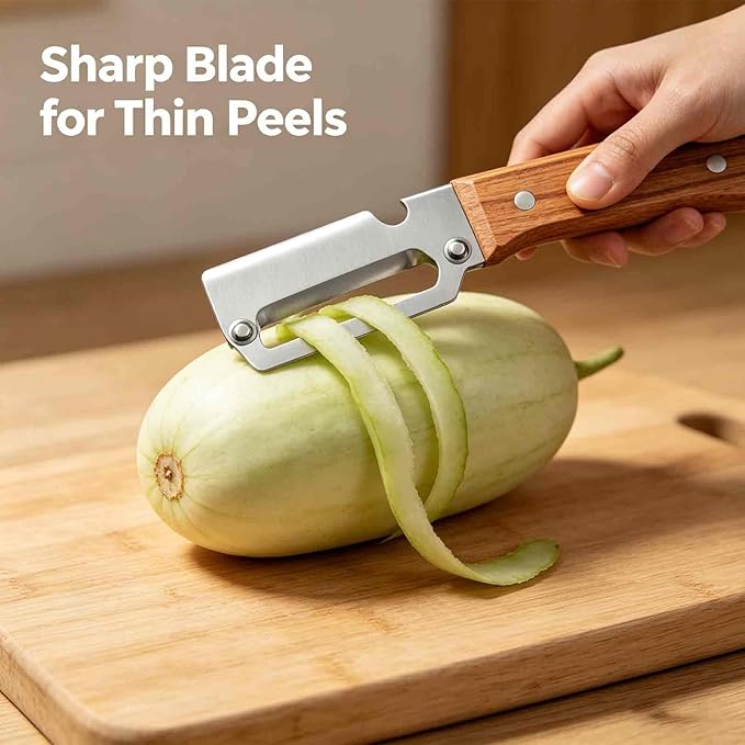 Hand Held Peeler for Vegetables & Fruits,Stainless Steel Vegetable Peeler with Non-Slip Wooden Handle,2-in-1 Kitchen Peeler & Bottle Opener for Potatoes, Apples,Carrots,for Home Kitchen & Camping (2)