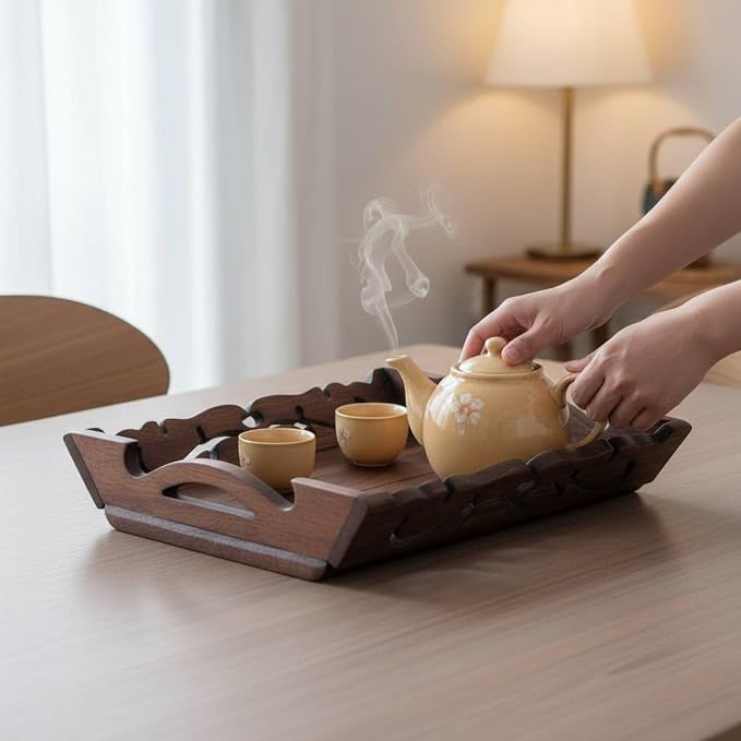 Generic Beverage Tray Wooden Tray Smooth Polished Surface Household Storage for Living Room, Medium 32.5x29.5x7.5cm