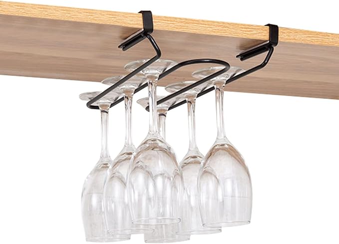 Double Row Under Cabinet Wine Glass Holder, Hanging Wire Stemware Rack Holder, Wine Glasses Storage Hanger, For Bar Kitchen Storage Organizer Metal (black White) ( Color : Black , Size : Double row )