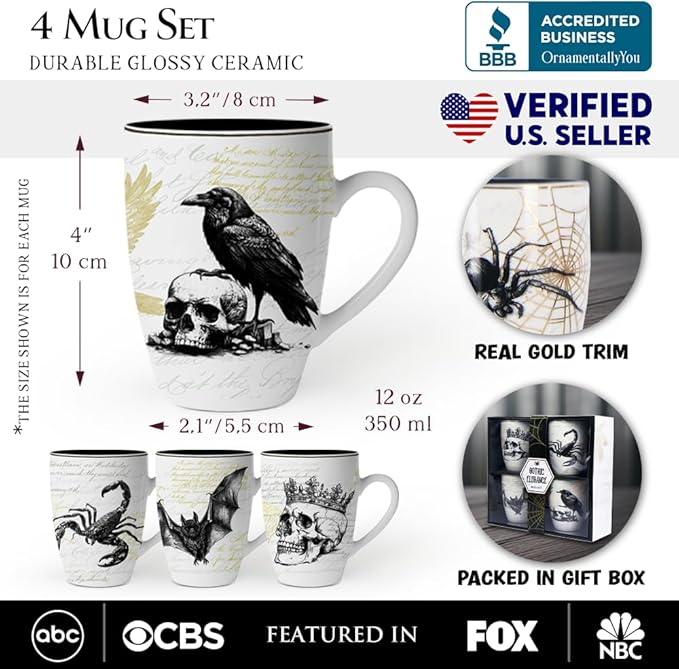 OrnamentallyYou Coffee Mug Holiday Kitchen Drinkware, Multiple Designs Available (Elegant Goth Set of 4 Ceramic Mugs)