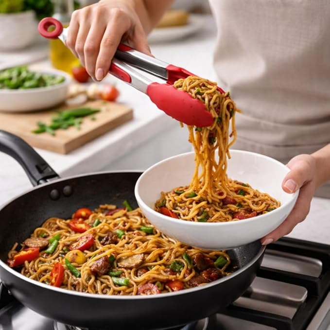 9-Inch Silicone Kitchen Tongs – Heat Resistant Silicone Tips, Stainless Steel Cooking Tongs with Locking Ring – Small Tongs for Cooking, Grilling, BBQ, Serving, Salad & Pasta