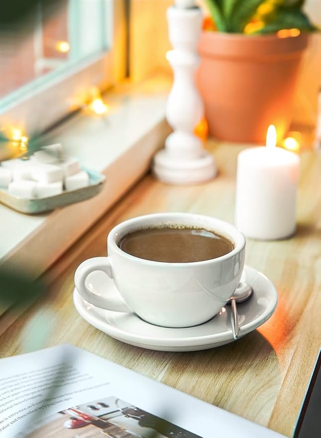 LE TAUCI 8 oz Cappuccino Cups with Saucers, Set of 4 Large Ceramic Coffee Cup Set for Latte, Au Lait, Flat White, Mocha, Tea Cup Set, Dishwasher Safe, Embossed Coffee Cups, White