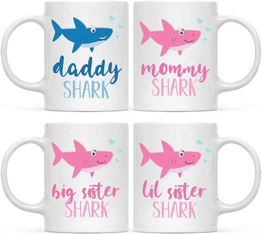 Andaz Press Baby Shark Family 11oz. Coffee Mug Gift Set, Mommy Daddy Big Lil Sister Shark, 4-Pack, Shark Do Do Do Gift Idea Birthday Christmas Gifts for Mother's Father's Day