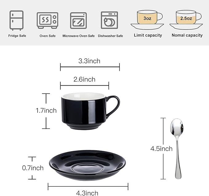 2.5oz Espresso Cups Set of 4, Demitasse Cups and Saucers with Spoons for 4, Expresso Shot Cups for Espresso Machine-Black