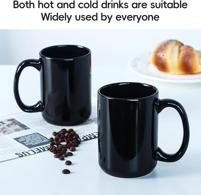 16 OZ Porcelain Coffee Mugs, Classic Blank Ceramic Cup with Large Handle for Tea Latte Cappuccino, Set of 4, Black