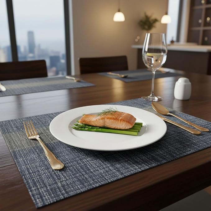 Placemats Set of 6, Vinyl Woven Placemats, Beautiful Washable and Durable Non-Slip Table Placemats, Indoor/Outdoor Placemats (Black, 6)