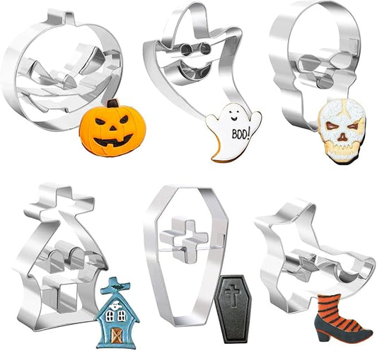 6 Pcs Stainless Steel Cookie Cutter Set, Pumpkin, Skull, Ghost, Hunted House, Boots and Coffin Cookie Cutters for Halloween Party Decorations (Halloween)
