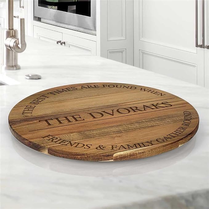 Engraved Gather Round Personalized Lazy Susan, 16" Rotating Tray Brown