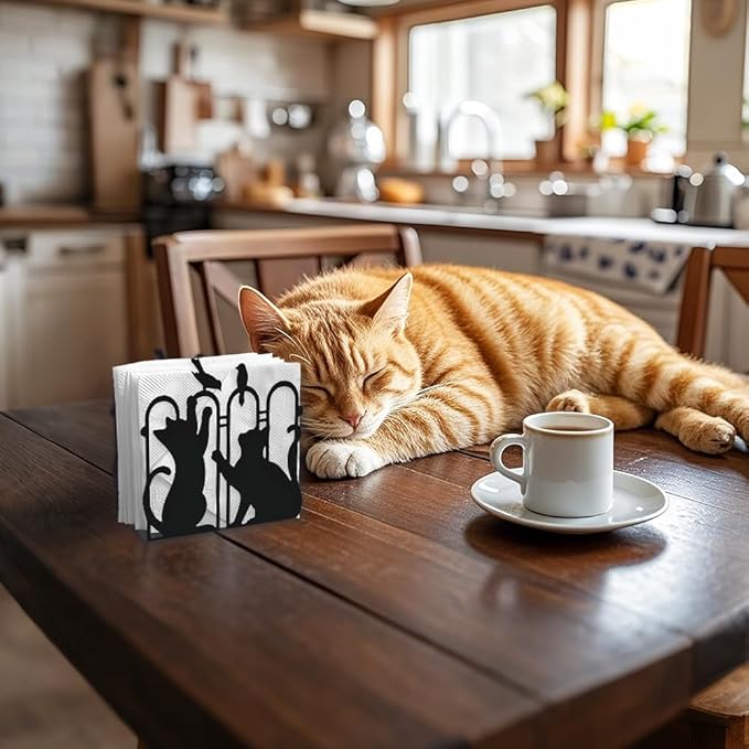 Cat Playing Decorative Black Metal Napkin Holder for Table, 4.9" x 4.7" x 1.9" Cute Kitty Animal Standing Napkin Holder for Home Kitchen Restaurant Picnic Party Coffee Bar Dining Room