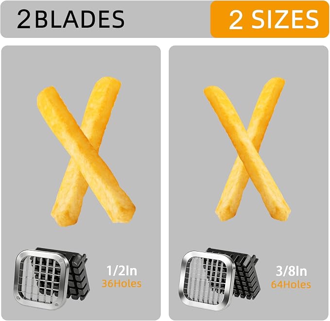 French Fry Cutter, ZSCOOKLY Heavy Duty Potato Cutter Stainless Steel with 1/2-Inch and 3/8-Inch Blade Great for Potatoes Carrots Cucumbers.