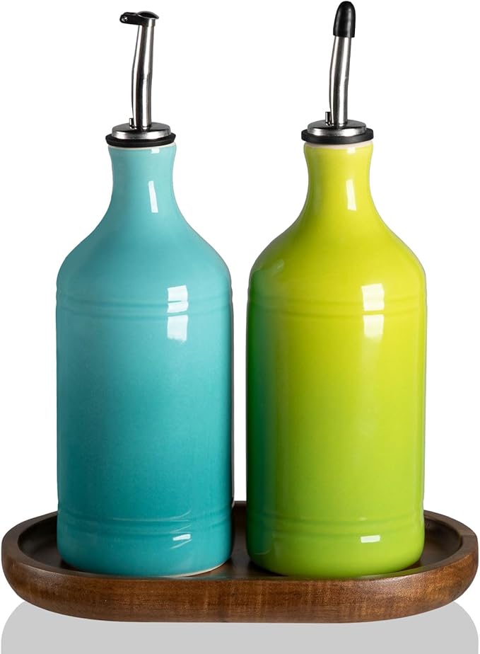 Sweejar Ceramic Olive Oil Dispenser Bottle Set, Opaque Oil Cruet Protects to Reduce Oxidation, Suitable For Storage Of Vinegar, Soy Sauce & Other Liquids,Pack of 2,15.5 Fl Oz（Gradient Blue & Green）