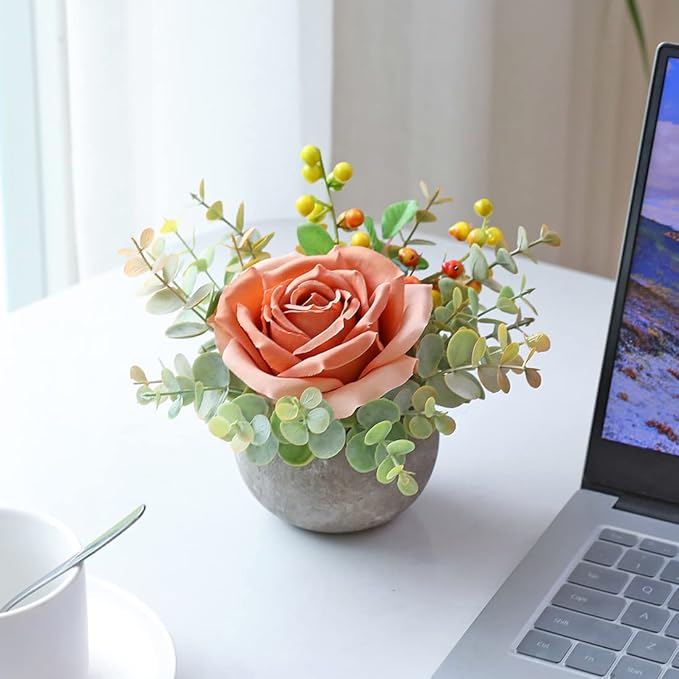 Small Artificial Orange Rose Potted Plant, 6" Fake Silk Flowers in 3.5" Round Pot, Mini Faux Floral Arrangement for Desk Shelf Bathroom Decor
