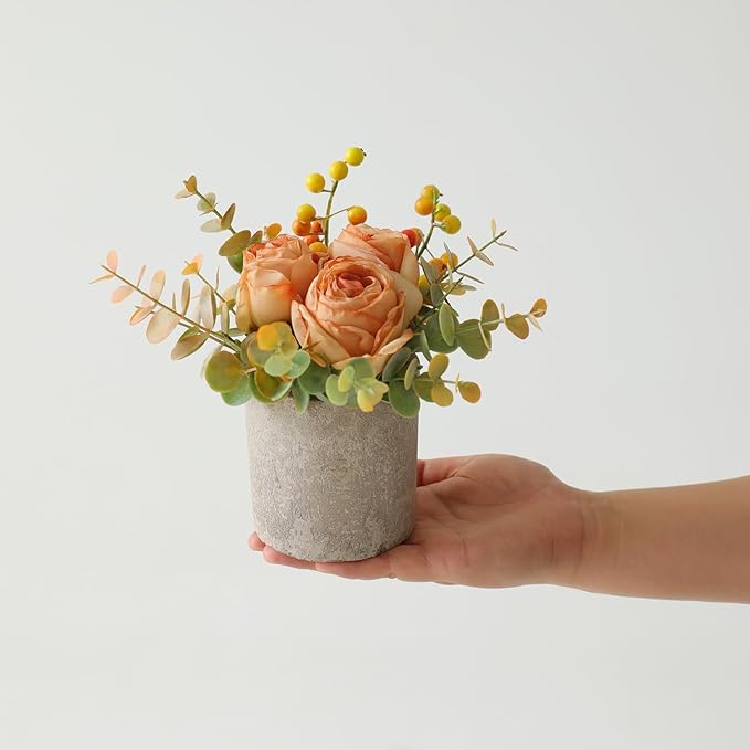 Small Artificial Burnt Orange Rose Potted Plant, 6" Fake Silk Flowers in 3" Cylindrical Pot, Mini Faux Floral Arrangement for Desk Shelf Bathroom Decor