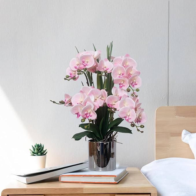 CXGS Artificial Orchid Flower Plants Real Touch Faux Orchids in Ceramic Vase 20.9'' Pink Phalaenopsis Orchid Fake Flower Arrangement Home Indoor Decor