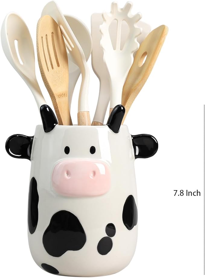 Ceramic Cartoon Cow Shaped Kitchen Utensil Holder, Large Cooking Utensil Crocks, Ceramic Utensil Organizer for Spatula, Kitchen, Home Decoration