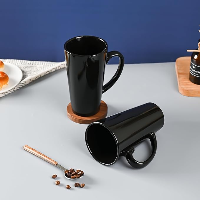 BYCNZB 16oz black Funnel Ceramic Tall Coffee Mugs for Coffee, Tea, Cocoa, Latte, Milk set of 4(Black)