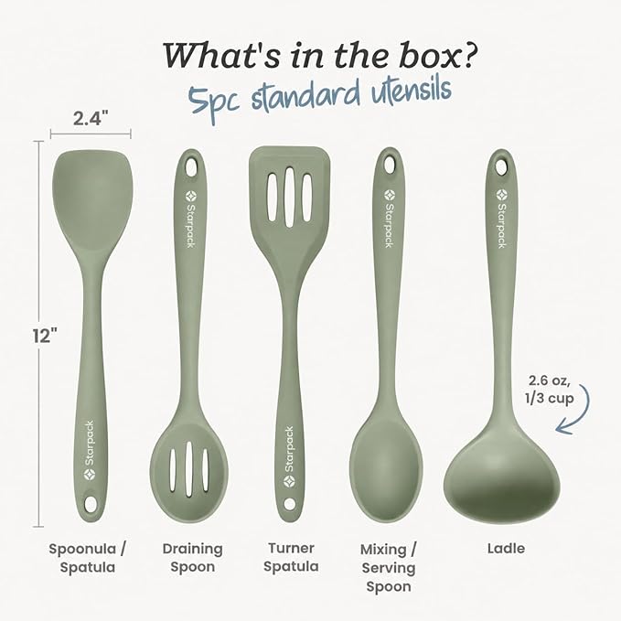 Starpack Stir and Serve Silicone Cooking Utensils Set (5-Piece, 11") - LFGB Non Toxic, 600°F Heat Resistant, BPA-Free - One-Piece Seamless, Dishwasher Safe - for Nonstick Cookware, Sage Green
