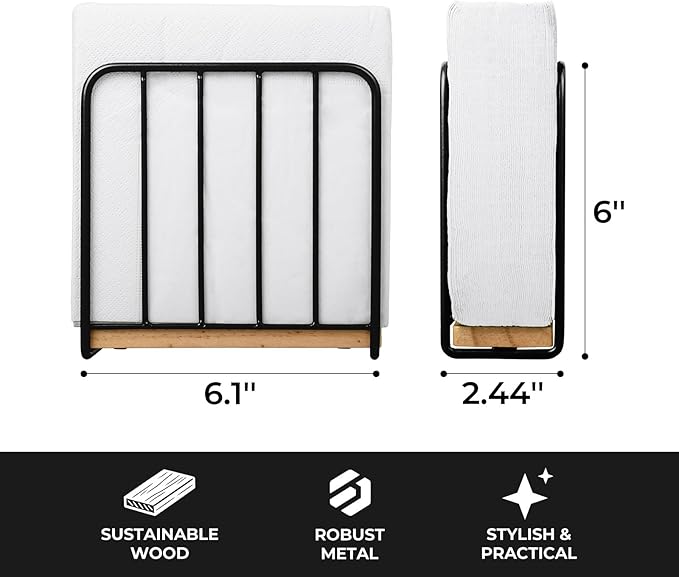 Modern Farmhouse Napkin Holder for Table, Weighted Solid Wood Base with Metal Design, Vertical Standing Napkin Dispenser for Kitchen Countertop, Dining Room and Outdoor Picnic (Black)