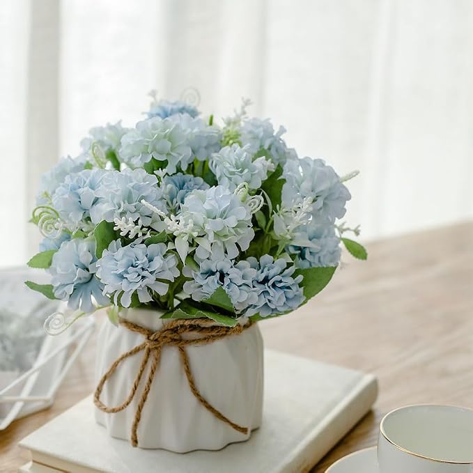 TKAS Fake Flowers Arrangement in Ceramic Vase, Artificial Faux Silk Hydrangea, Small Realistic Dried-Style Floral, Dining Table Centerpiece for Wedding Party Home Decoration (Blue)