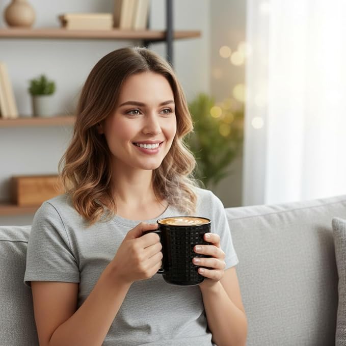 Ceramic Coffee Mugs Set of 4, 14oz Black Coffee Cups with Embossed Grid Texture, Coffee Mug for Latte Cappuccino Tea Cocoa, Dishwasher & Microwave Safe, Ideal Mother's Day & Housewarming Gift