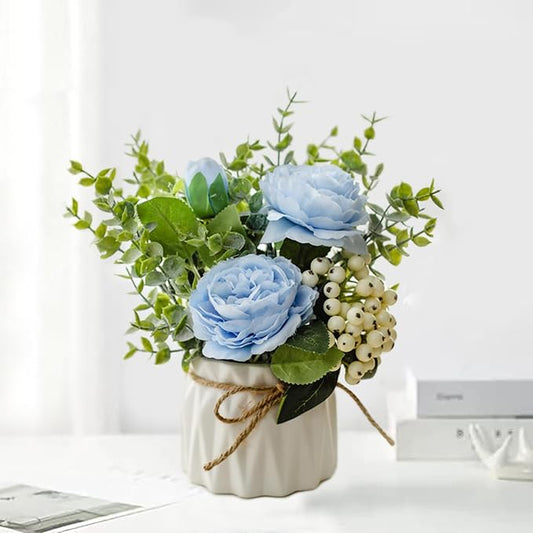 EOBTAIN Fake Flowers with Vase Blue Silk Flowers for Coffee Table Decor Faux Potted Flowers Decoration for Indoor Ceramic Vase with Artificial Flowers Home Decor,Dining Table Centerpiece.