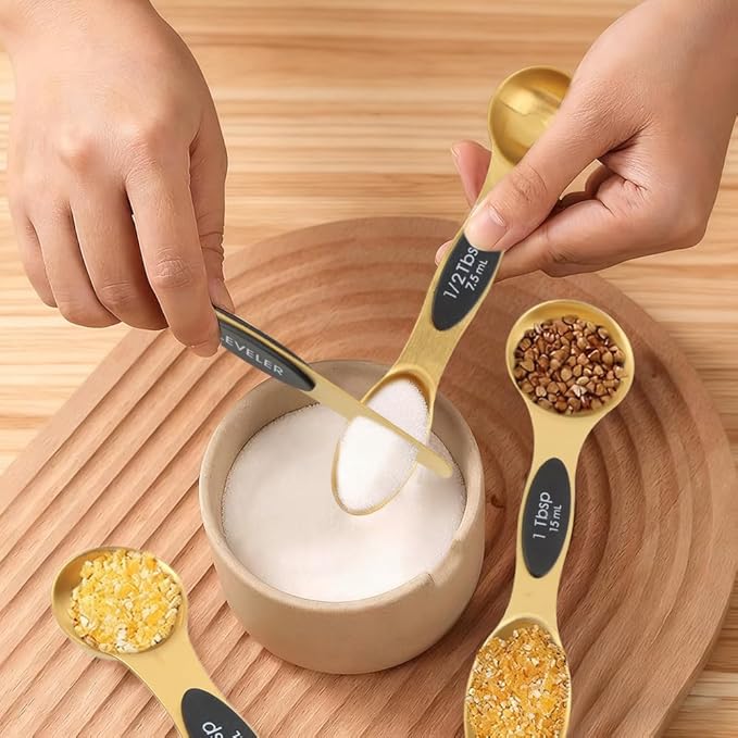 13pcs Gold Stainless Steel Measuring Cups and Spoons Set, 8 Double-Sided Magnetic Measuring Spoons & 4 Metal Measure Cups & 1 Leveler for Liquid Dry Ingredients Cooking Baking(COLOR:Gold)