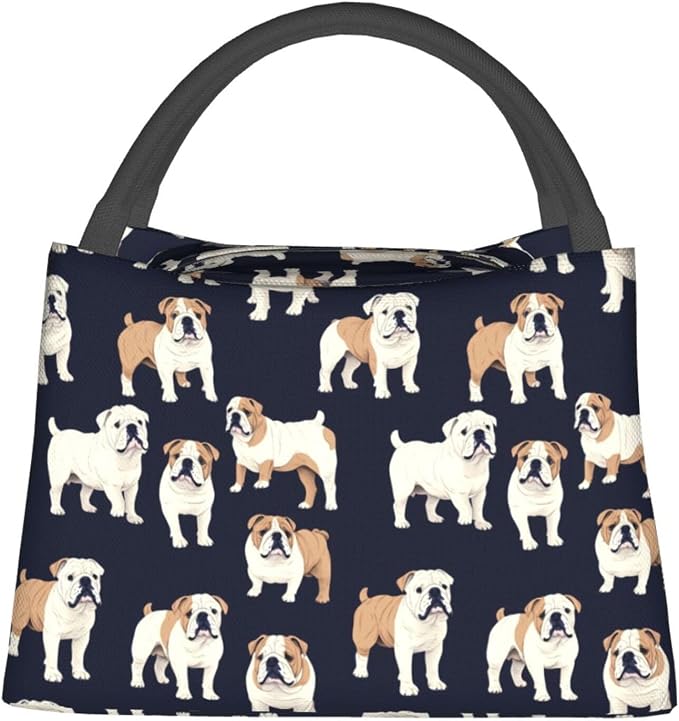 English Bulldog Insulated Lunch Box for Kids Adults Pet Lovers,Reusable Tote Bag with Cute Dog and Dark Blue,Portable Lunchbox Handbag,Makeup Bags Organizer Gifts for Work Office,11x6.3x6.7in