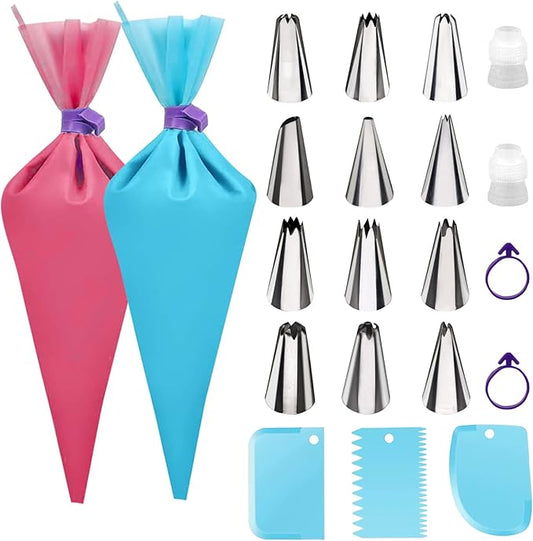 Piping Bags and Tips Set - Cake decorating kit - 2 Pack 12IN Reusable Food Grade Icing Bags12 Frosting Tips for Baking,Decorating Cake,Cookies,2 Couplers & 2 Bag Ties Include,3 Cake Scraper