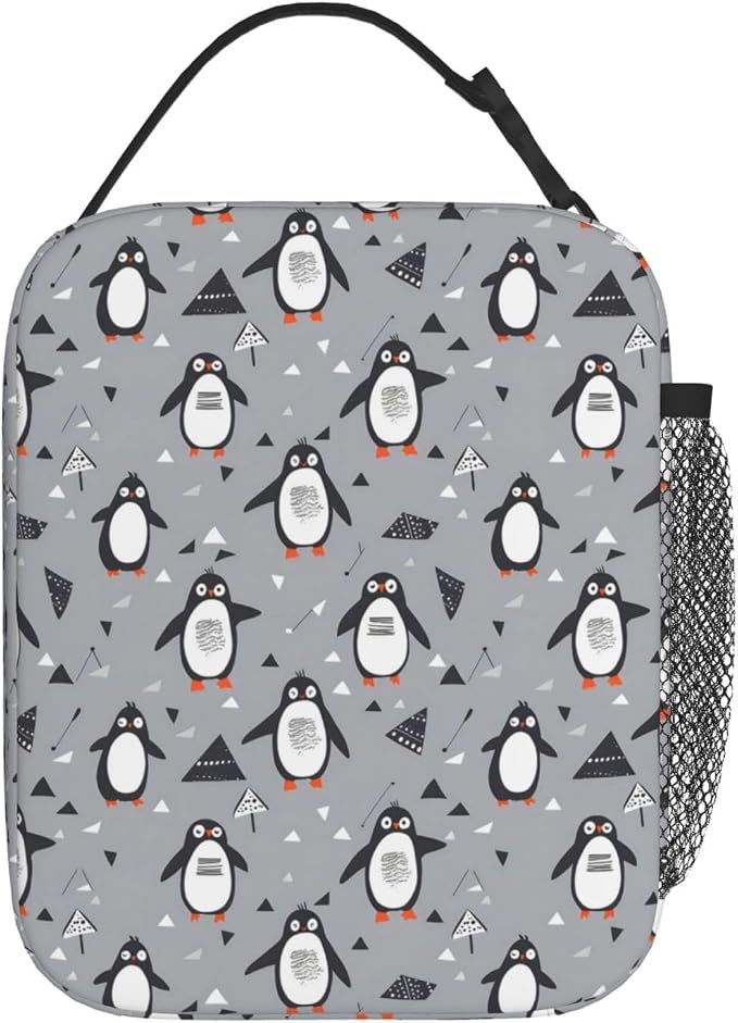 Reusable Penguin Lunch Box for Kids Girls Boys Women Adult, Insulated Cute Lunch Bag,Polyester Cooler Handbags Case for School Picnic Work Travel Outdoor Beach or Hiking (Grey)
