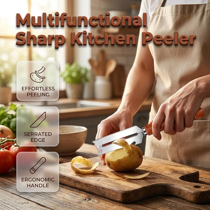 2-in-1 Vegetable Peeler with Wooden Handle – Stainless Steel Wide Blade for Potato, Carrot,Fruit, Multi-Purpose Kitchen Gadget with Built-in Bottle Opener, fit Home, Camping & Travel (3PCS)