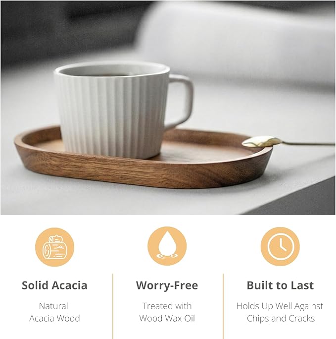 Vandroop Wooden Mini Serving Tray for Parties, Tea&Coffee Table Tray, Small Oval Wood Plate for Fruit&Snacks, Decorative Tray for Jewellery Key Coin, Tray for Bathroom (Acacia Wood, 7.8”×4.66”)
