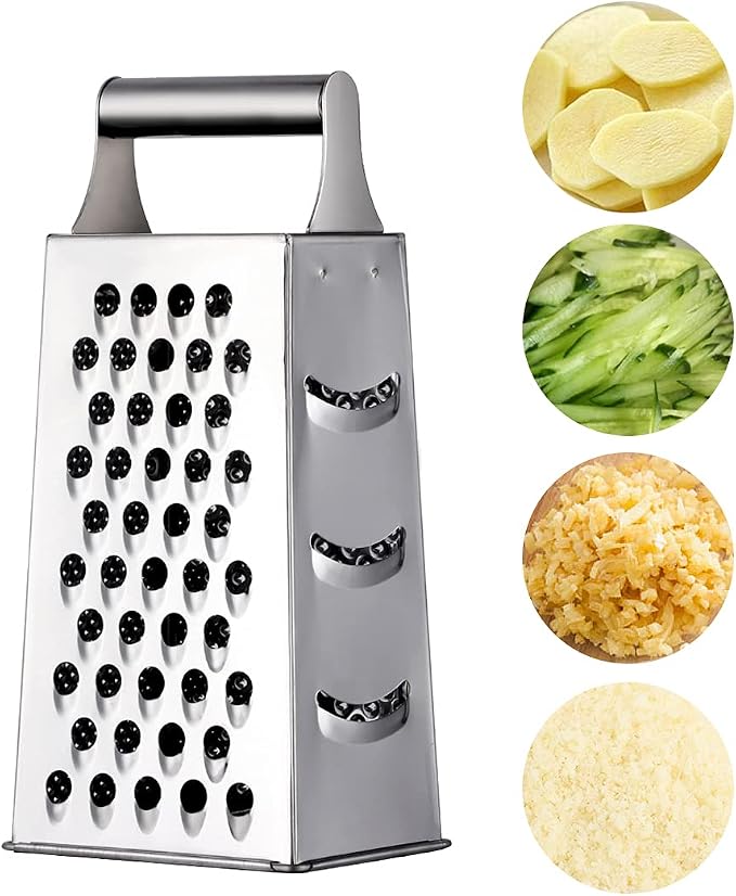 4 Sides Box Grater For Kitchen,Stainless Steel Cheese Grater With Handle,Multi-Function Vegetable Slicer Food Shredder For Chees,Ginger,Vegetables,Dishwasher Safe, Silver