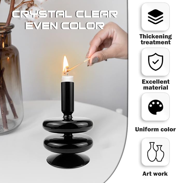 Glass Candle Holder for Taper Candles,Clear Decorative Candle Sticks Holders for Wedding Valentines Day Birthday Party Centerpiece (Black)