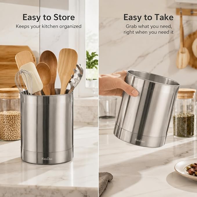 KSENDALO Jumbo Utensil Holder and Medium 6.6inch Utensil Crock Set for Countertop,Stainless Steel Utensil Caddy for Spoons, Silverware, and Spatulas for Kitchen, Silver