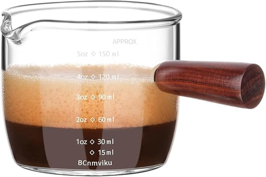 BCnmviku Espresso Shot Glass 150ML/5OZ Triple Pitcher Barista Single Spouts With Wood Handle (1)