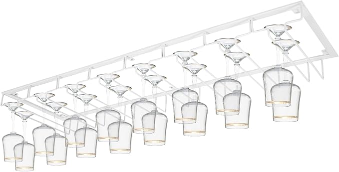 Wine Glass Rack Under Cabinet Max Capacity with 16 Wine Glasses, 8 Row Extreme Large Stemware Hanger, Metal Wine Glass Holder, DIY Bar Glass Storage Rack for Bar Counter, Kitchen(White)