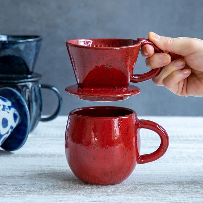 Asayu Japan Ceramic Coffee Pour Over Maker Set in Chrome Red, Slow Brewing Paper Filter Holder and Dripper with 3 Holes for Coffee and Tea (Complete 2PCS Set)