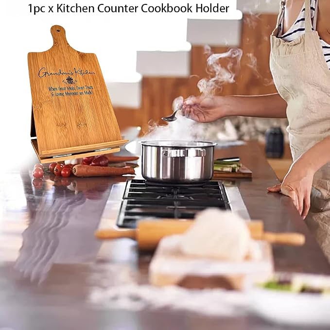 Cookbook Stand for Kitchen Counter, Rustic Cookbook Display Holder for Convenient Cooking, Adjustable Pad Tablet Recipe Book Holder, Wood Cutting Board Style Kitchen Gifts for Cooking Lovers