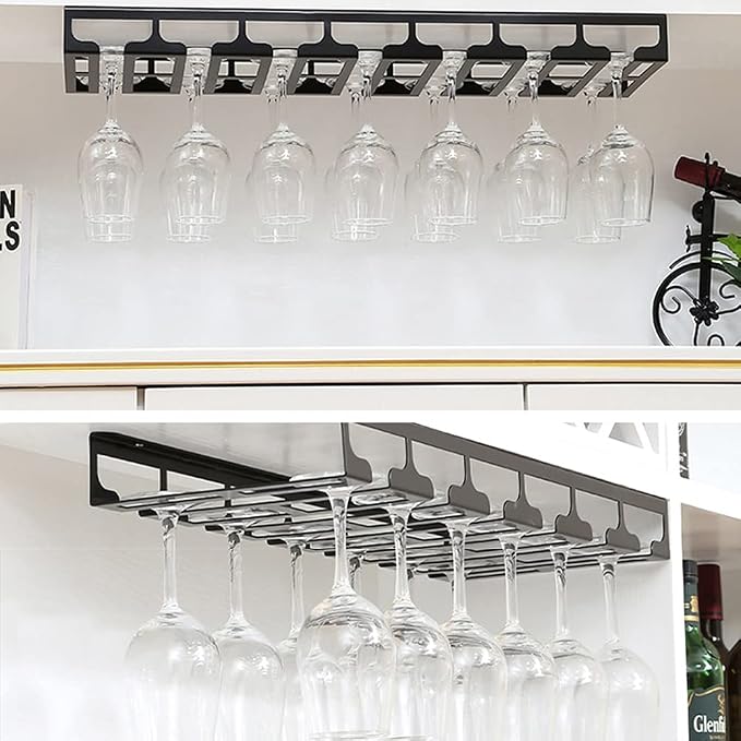 Under Cabinet Stemware, Hanging Wine Glass Holder with Screws, Glasses Storage Hanger Iron Organizer for Home Kitchen Bar