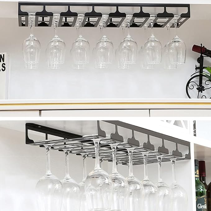 Under Cabinet Stemware, Hanging Wine Glass Holder with Screws, Glasses Storage Hanger Iron Organizer for Home Kitchen Bar