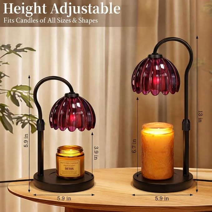 Candle Warmer Lamp,Adjustable Height with 2 Bulbs，Boho Glass Candle Lamp with Dimmer & Timer, Flameless Fragrance Diffuser for Scented Wax Melts, Mothers Day and Birthday Gifts for Home, Office