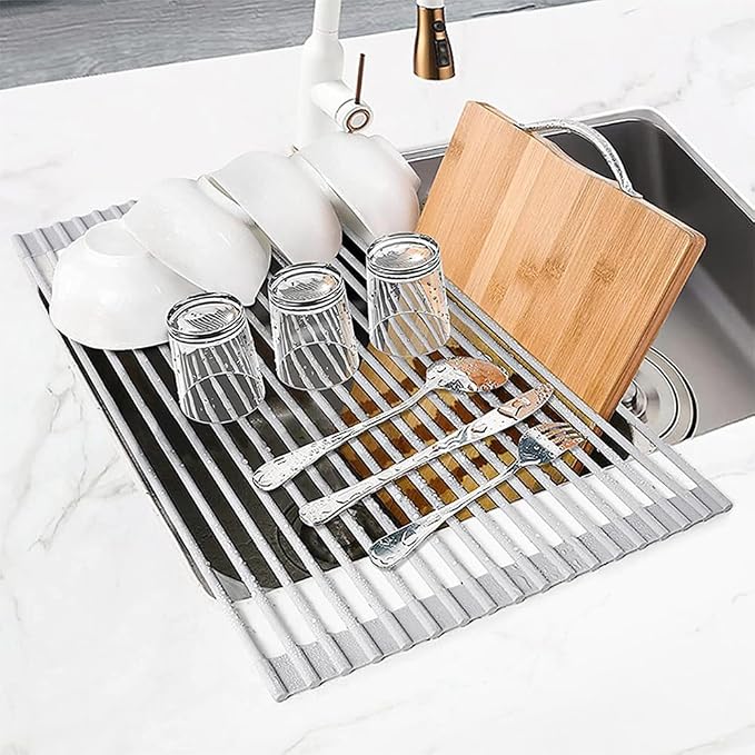 JAYWAYNE Roll Up Dish Drying Rack -17.5" x 14" – Large Stainless Steel Dish Drainer Over The Sink for Kitchen Countertop – Multifunctional Storage Rack,Suitable for Kitchen, Outdoor Picnic